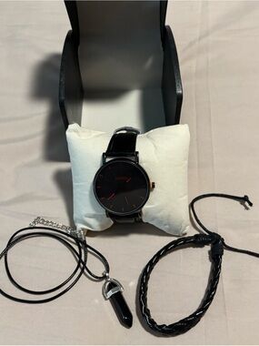 Men’s Black Geneva Watch Black Dial Hands Are Black Red, Necklace & Bracelet